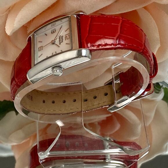Sterling Signatures 925 Silver Tank Style Watch Mother of Pearl Dial Red Leather - Picture 7 of 16